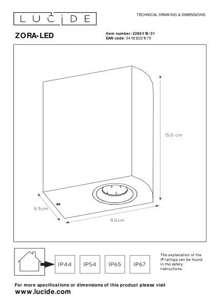 Lucide ZORA-LED - Spot mural / Applique mural Intérieur/Extérieur - LED Dim. - GU10 - 2x5W 3000K - IP44 - Blanc - TECHNISCH